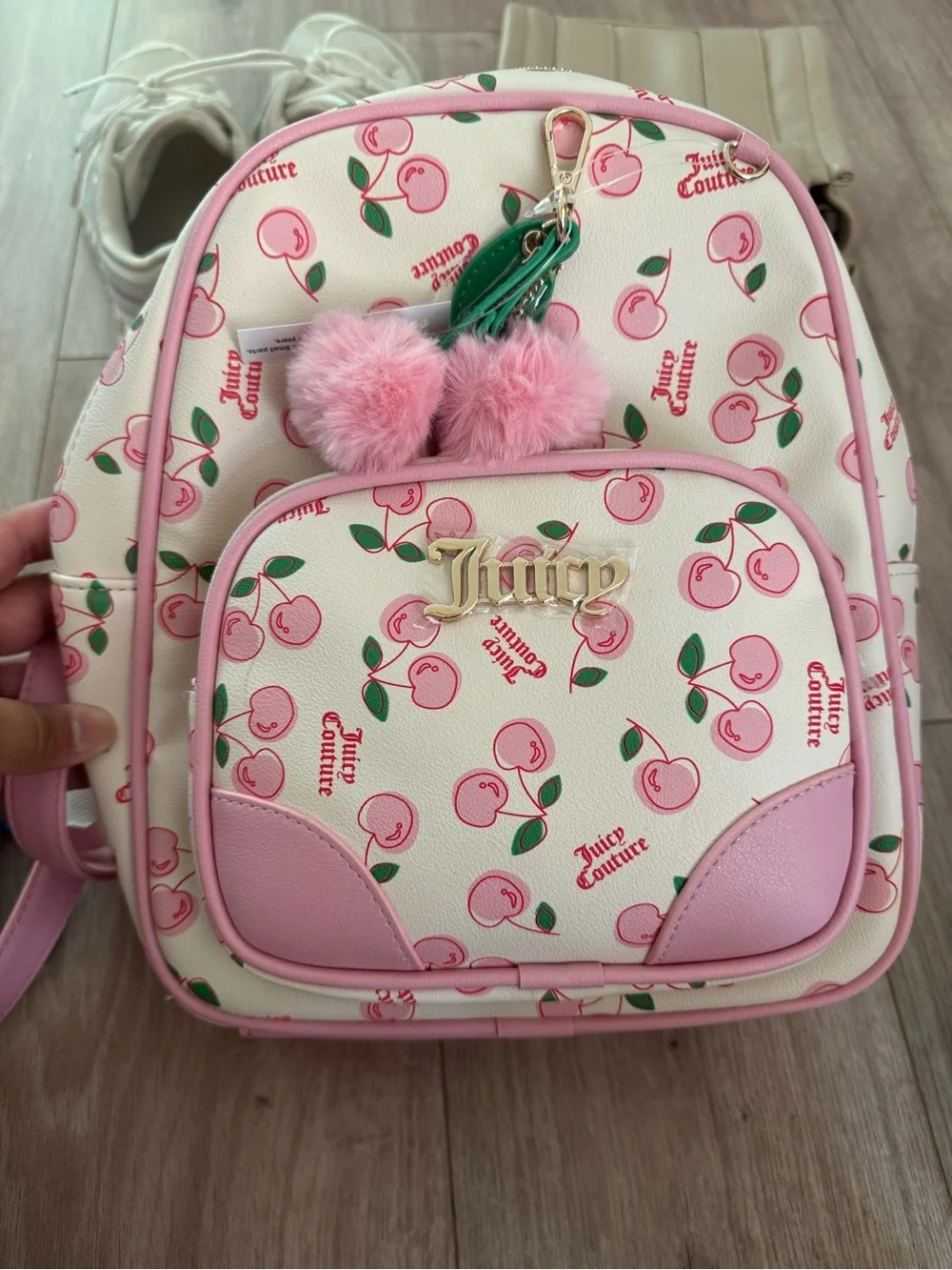 Juicy Couture Pink Cherry Print Mini Backpack with Pom Charm